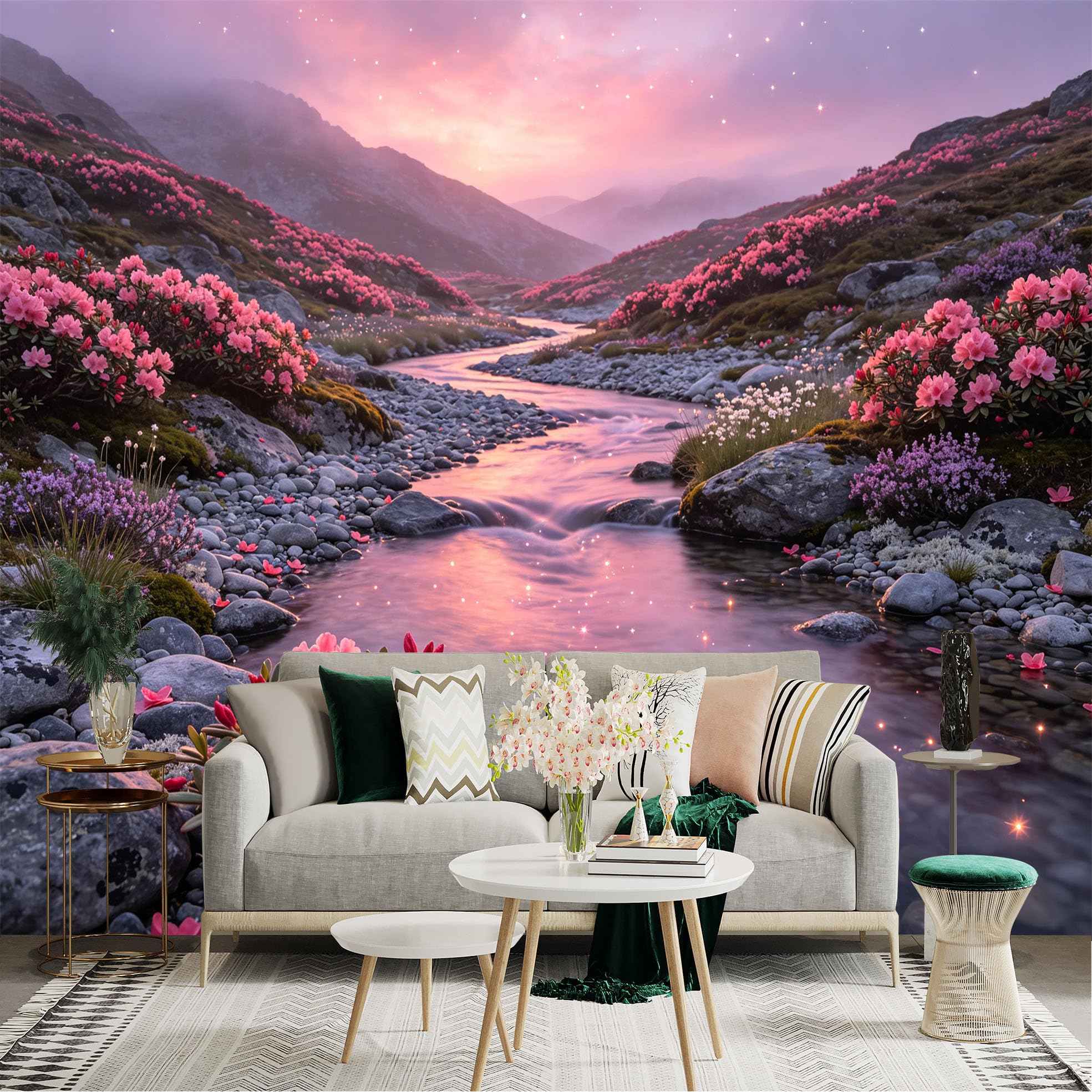 Lnzczhyre Bh260719305 Custom Size Wall Sticker Mural， Pink Rhododendrons， Flowing Mountain Stream， Twilight Scenery， Sparking Riverbed， For Wall Decoration， Peelandstick Wall Decals.