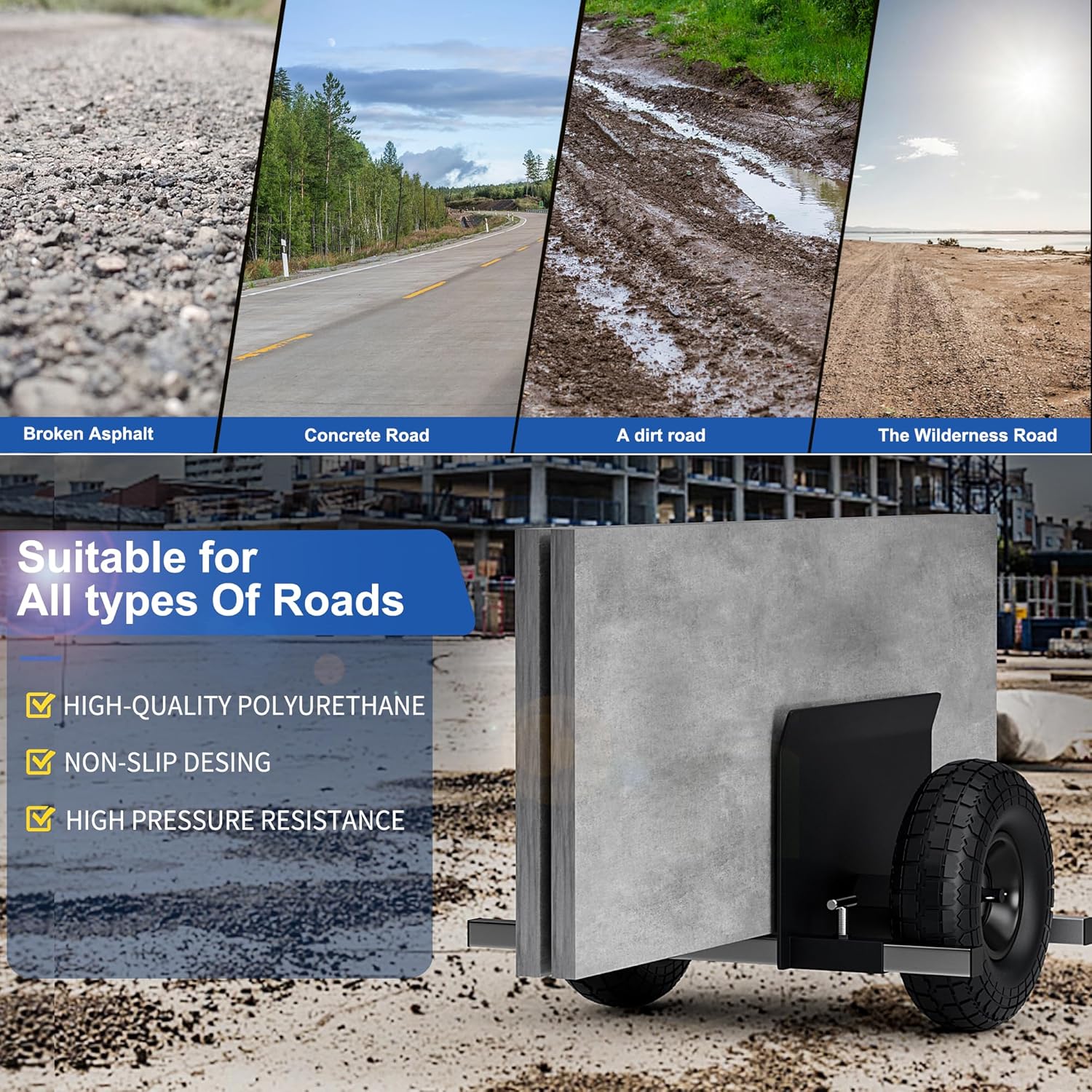 Moving Adjustable Panel Dolly, 2 × 10" Heavy Duty Solid Rubber Tires Wheels 1000LBS Load for Panel/Slab/Plywood/Door/Granite/Drywall Material Handling and More - Black