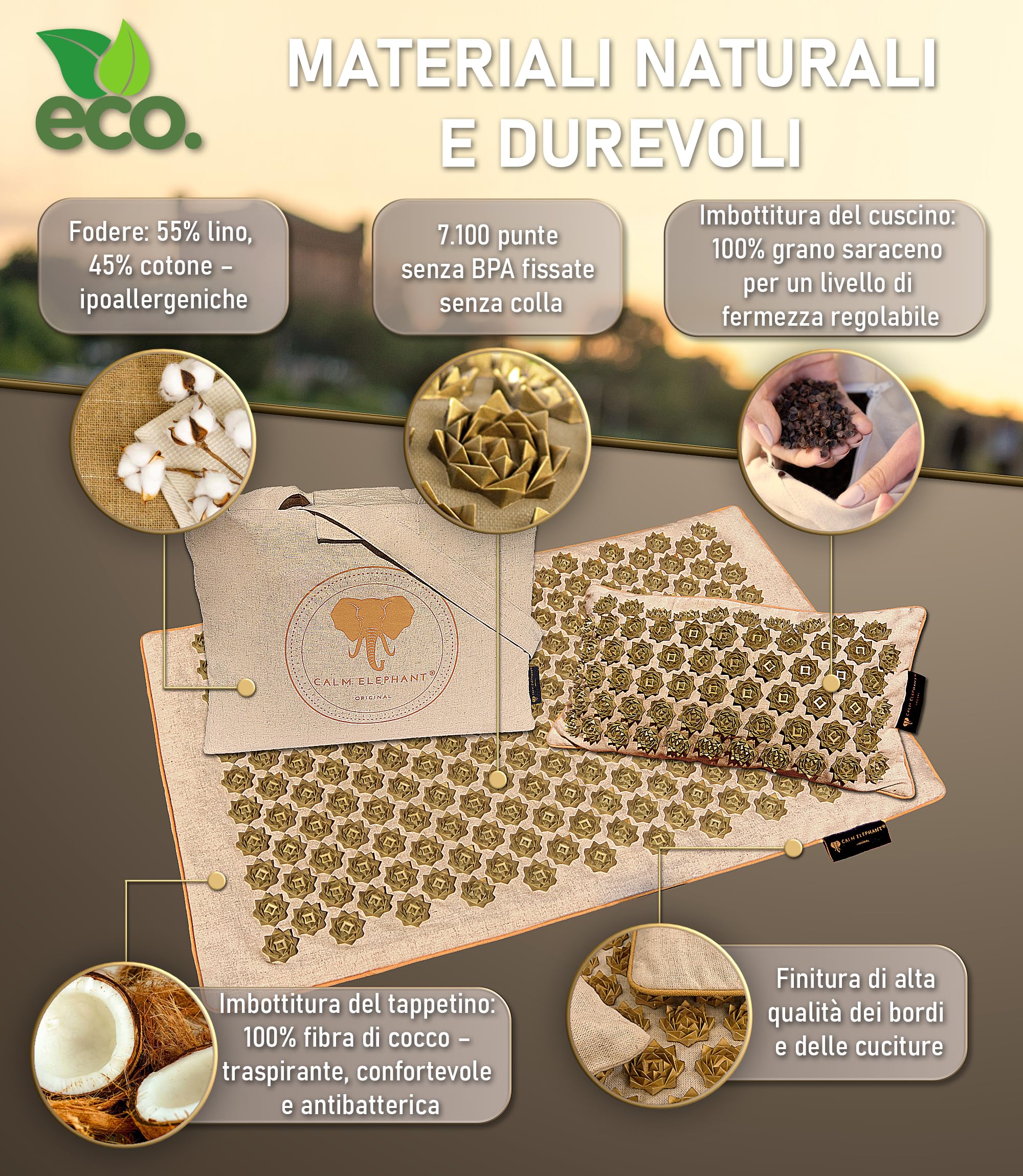 CALM ELEPHANT Tappetino Agopressione e Cuscino Ergonomico, Set XL, 3pz | Campo Fiori, Allevia Dolore Schiena Collo Spalle, Riflessologia, Anti-Stress, Meditazione, Riscaldante Borsa, Beige