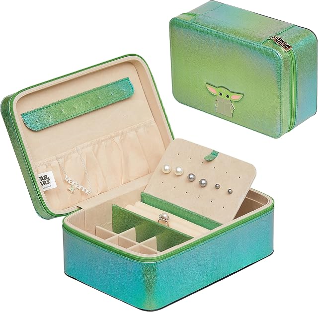 Star Wars The Mandalorian Grogu Metallic Zip Around Travel Jewelry Box Jewelry Organizer, Officially Licensed