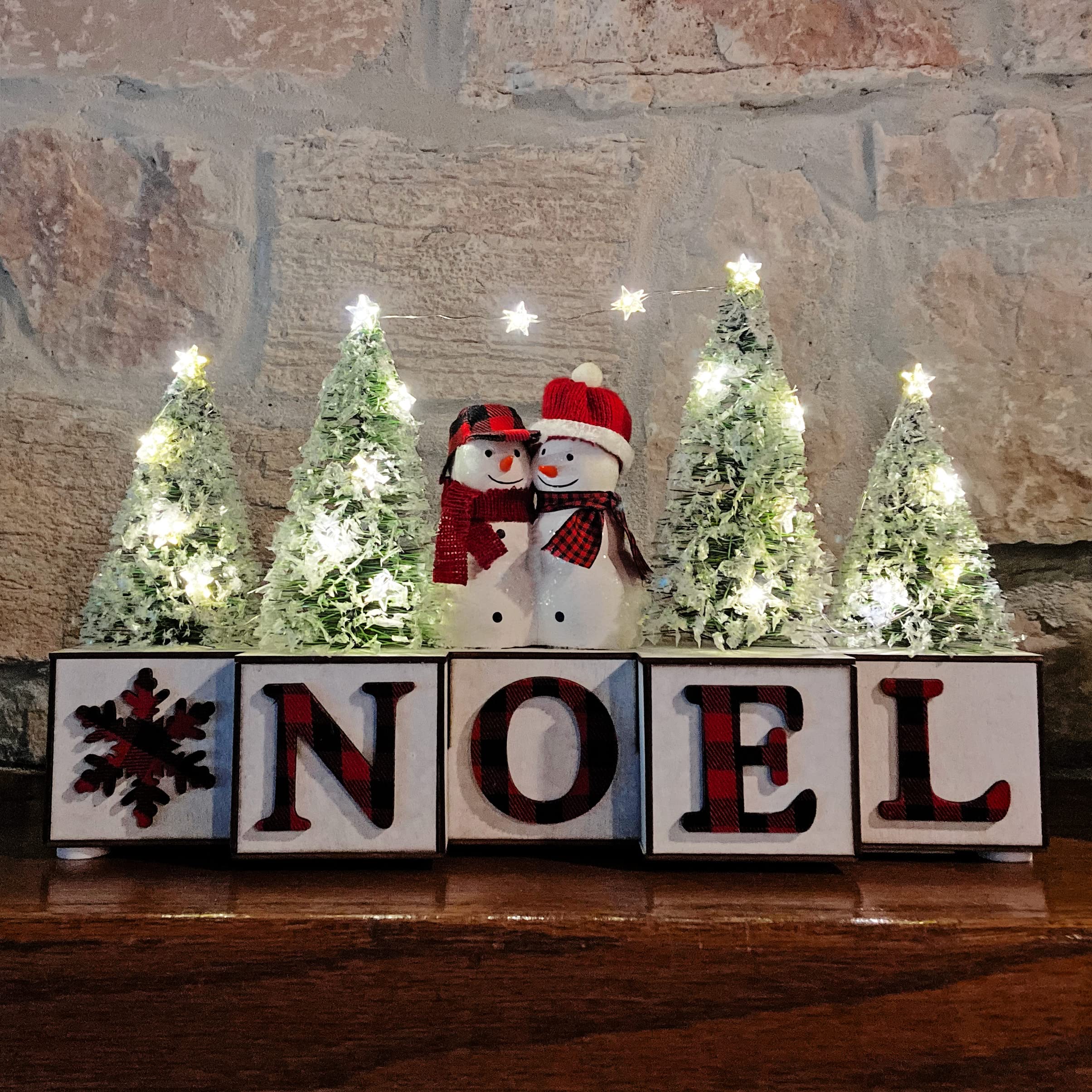 Haute Decor Christmas Wood Blocks Noel with Snowmen Couple, LED Lighted Trees, Battery Operated Automatic Timer - Prelit Christmas Holiday Decoration for Table, Shelving, Counter, Mantel