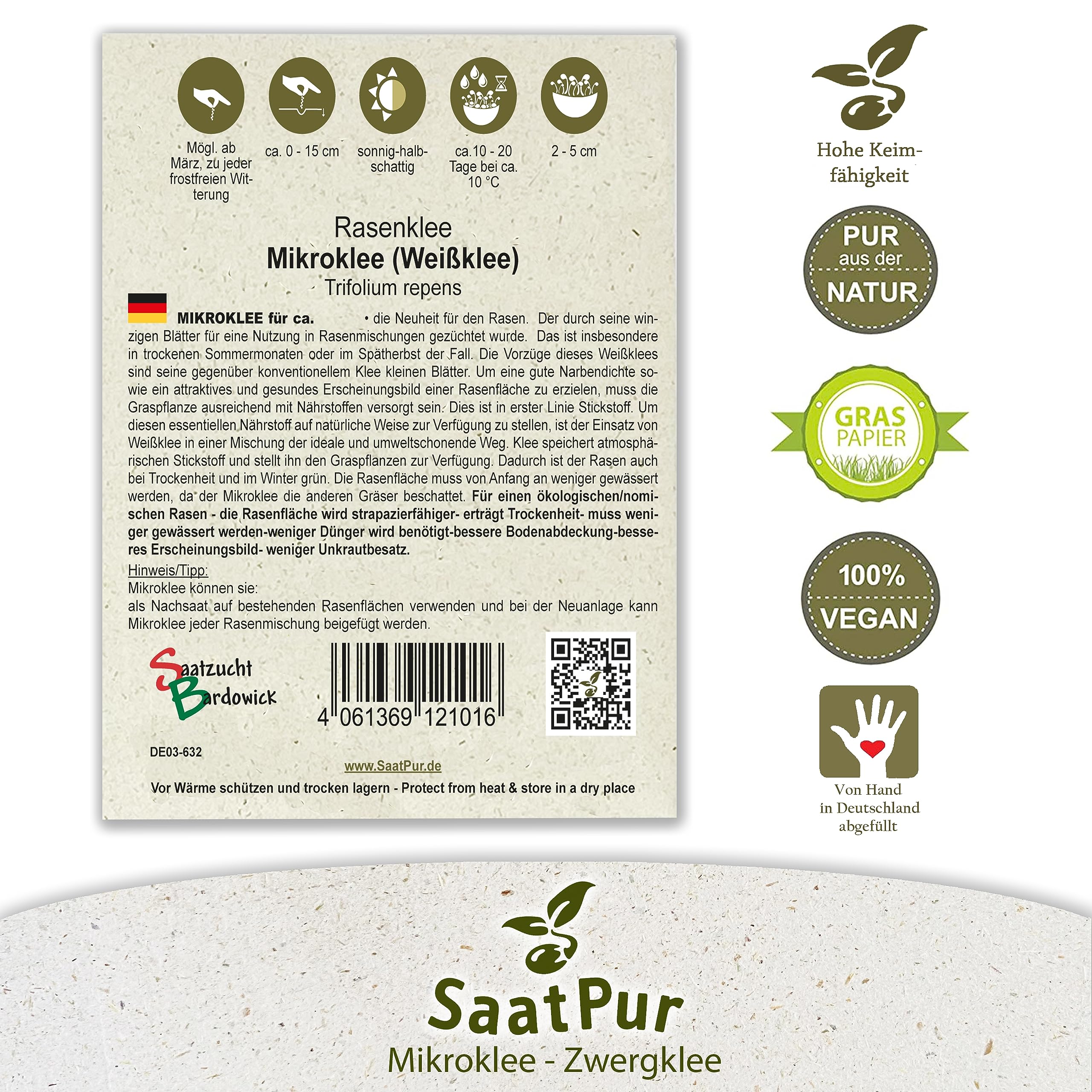 SaatPur Mikroklee Pipolina Microclover Miniklee Zwergklee Microklee Saatgut Rasen Klee - kleinblaettriger Klee Samen - Rasenklee kleiner Weißklee, 1Kg für ca. 500 qm