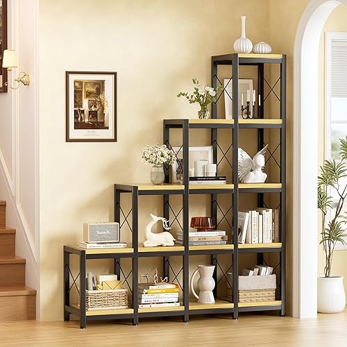 Miniatura 10 de PAKASEPT Estantería de esquina con 14 estantes, estantería de esquina de escalera, estantería industrial vintage, estante rústico de 5 niveles