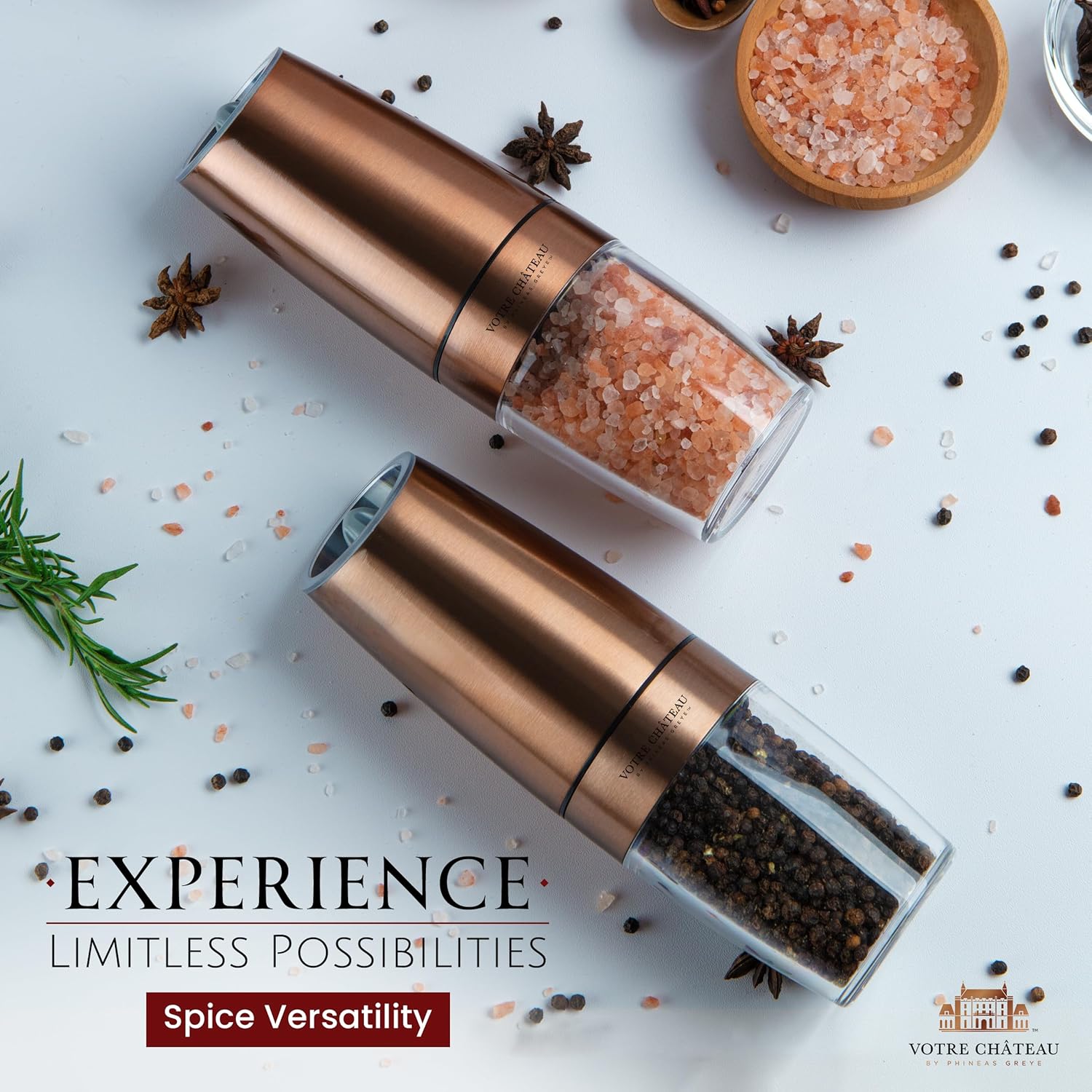 Votre Ch&acirc;teau 重力塩コショウグラインダーセット スパイススクープとブラシ付き 電池式ソルトアンドペッパーグラインダーセ