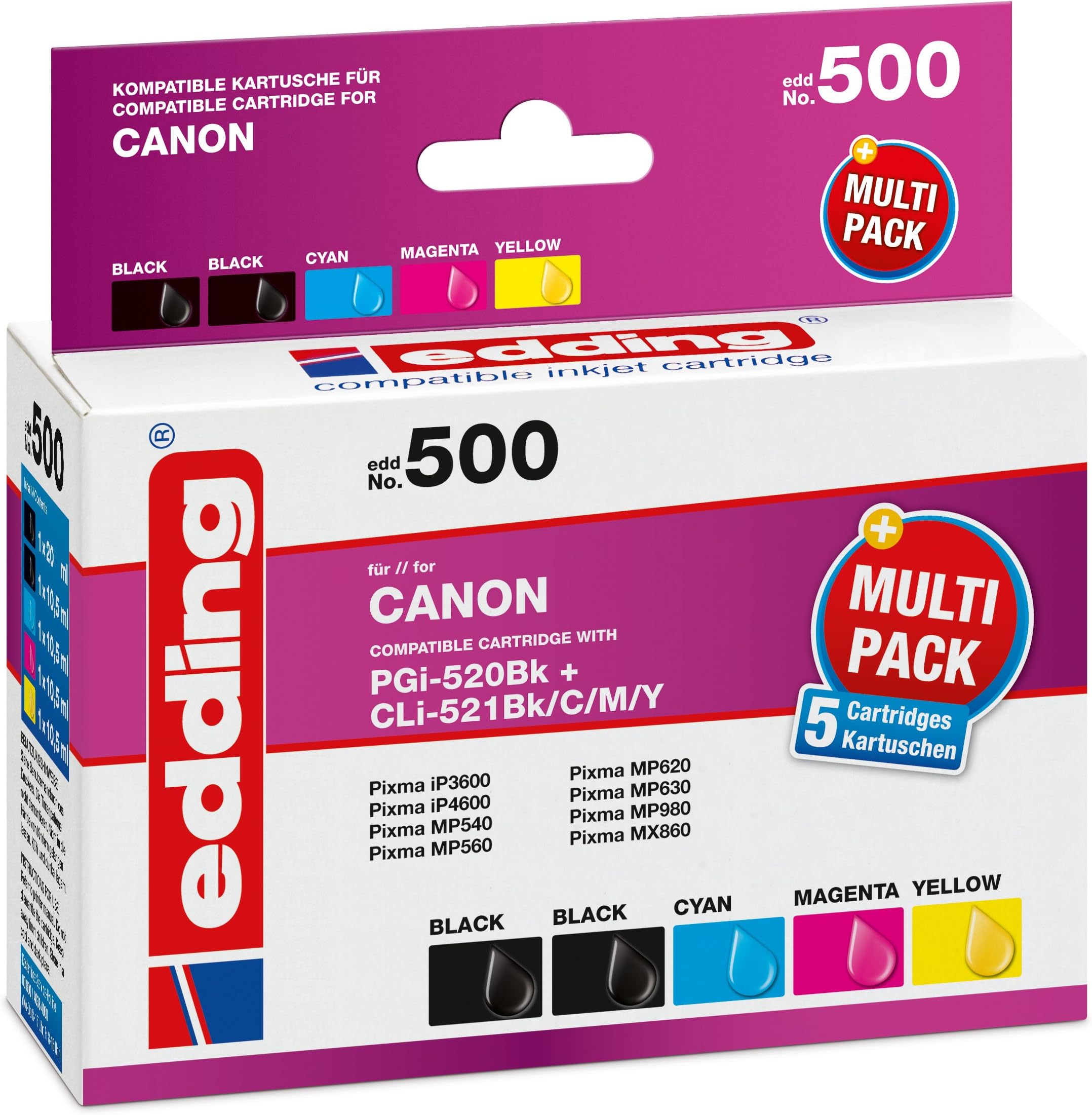 edding Druckerpatrone EDD-500 - Multipack 5 - 2x Schwarz, Cyan, Magenta, Gelb - 1x 20 ml + 4x 10,5 ml - Reichweite 1x 405 4x 960 Seiten - Ersetzt Canon PGI-520/CLI-521BK/C/M/Y