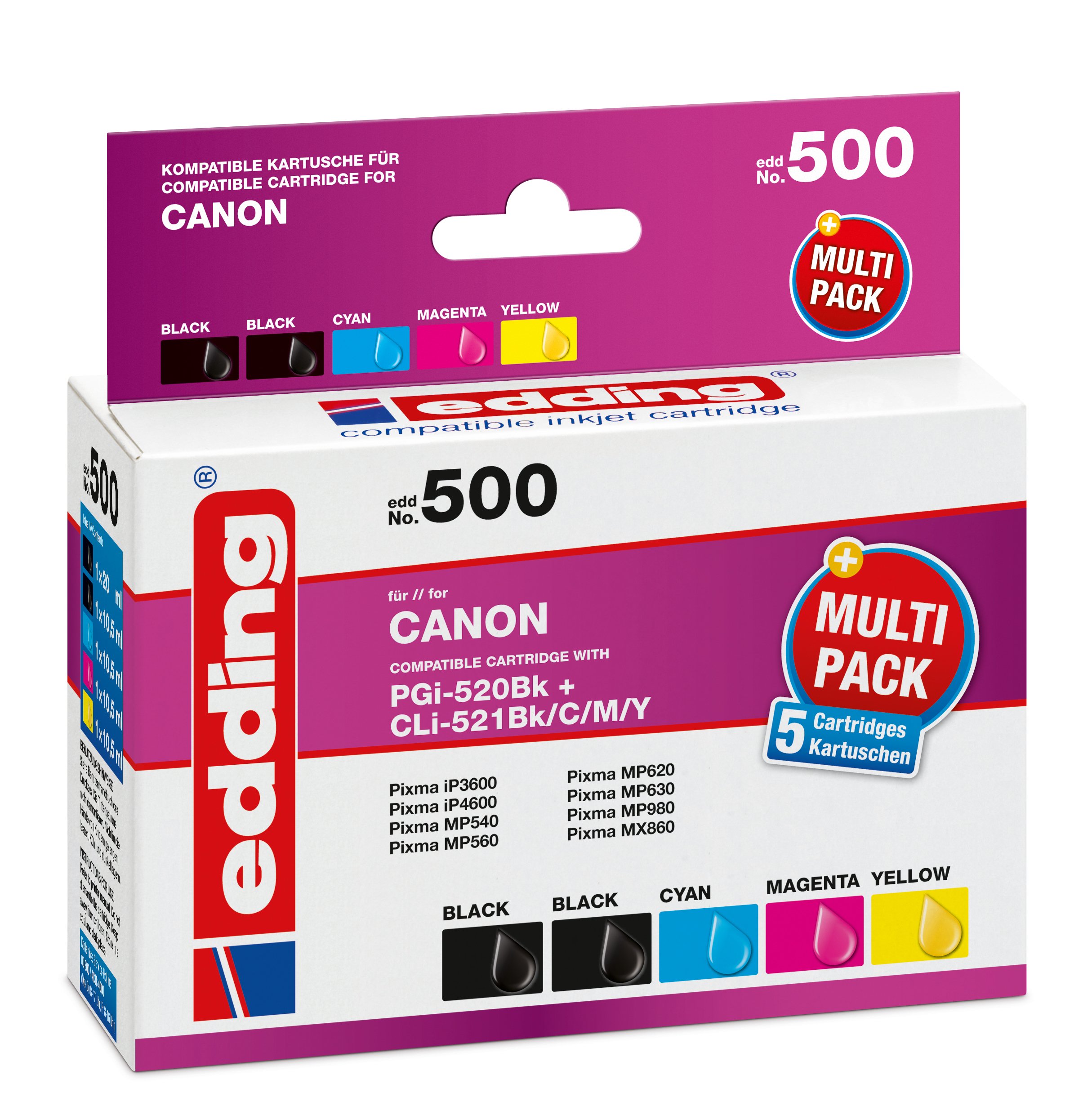 edding Druckerpatrone EDD-500 - Multipack 5 - 2x Schwarz, Cyan, Magenta, Gelb - 1x 20 ml + 4x 10,5 ml - Reichweite 1x 405 4x 960 Seiten - Ersetzt Canon PGI-520/CLI-521BK/C/M/Y