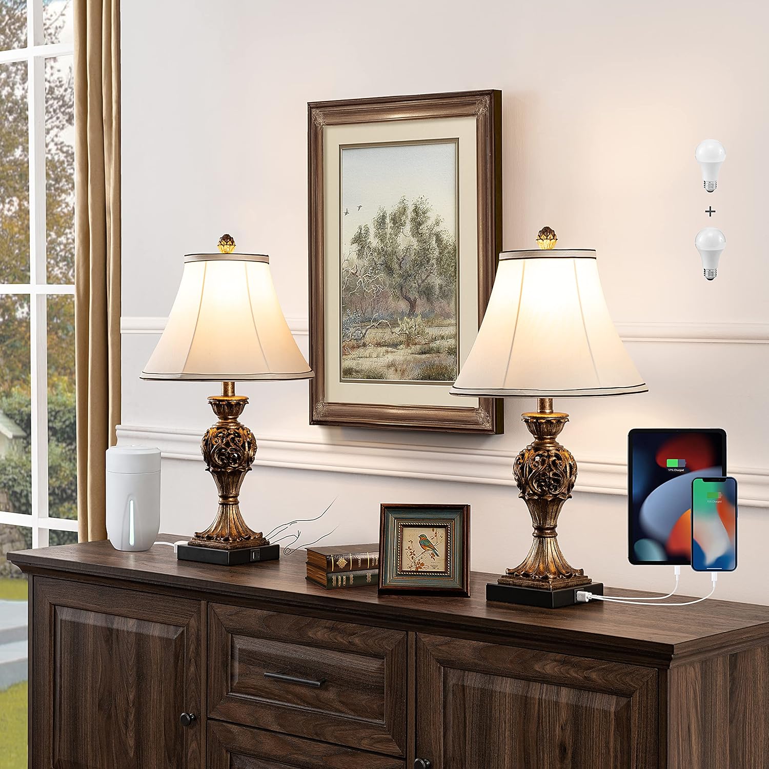 KAWOTI 3-Way Touch Control Traditional Table Lamp Set of 2 with USB Charging Ports and AC Outlet 23" Tall Classic Vintage Table Lamp Set with Amber Fabric Shade (Bulbs Included)