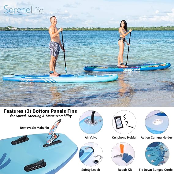 SereneLife Stand Up Inflatable Paddle Board with Premium SUP Accessories Wide Stable Design with Non-Slip EVA Deck Pad for Adults and Youth of All Skill Levels