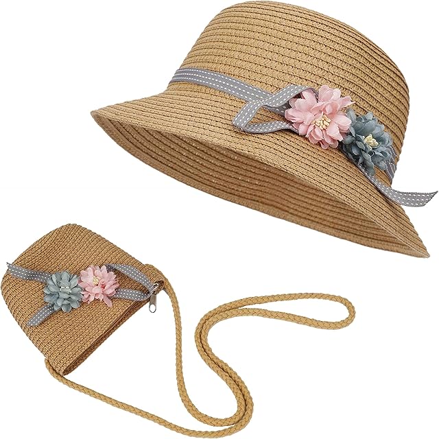 FT-SHOP Girls Sun Hat Summer Beach Straw Hats and Mini Cute Purse Sets with Flowers Decoation for Holiday Outdoor Activities