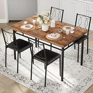 IDEALHOUSE Space-Saving 5-Piece Dining Table Set for 4 – Farmhouse Wooden Kitchen & Dining Room Furniture with Upholstered Chairs – Compact Breakfast Nook, Easy-to-Clean – Vintage Color