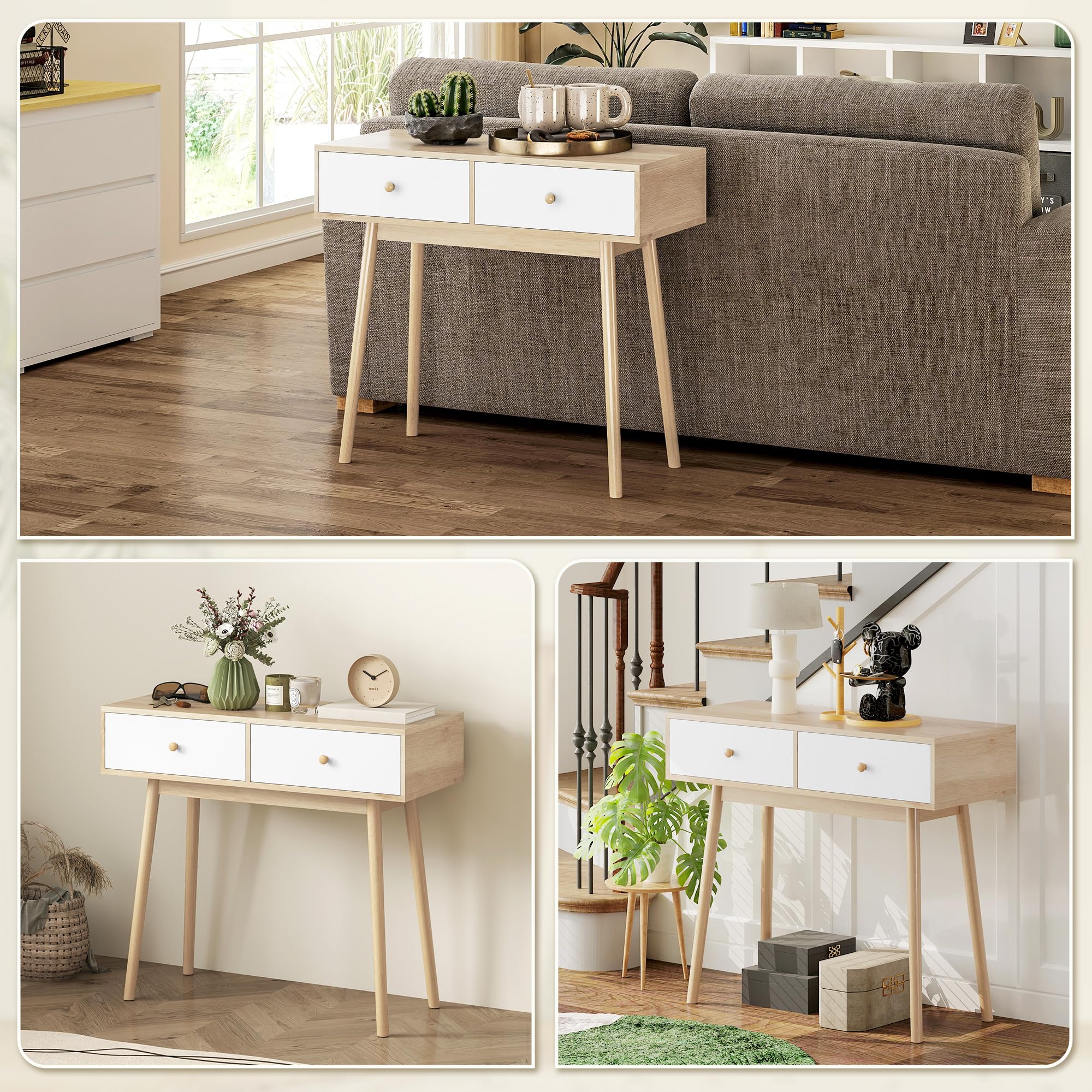 HOMCOM Mesa de Consola Estrecha Consola de Recibidor Mesa de Sofá con 2 Cajones Estilo Moderna para Pasillo Entrada Salón Dormitorio Roble