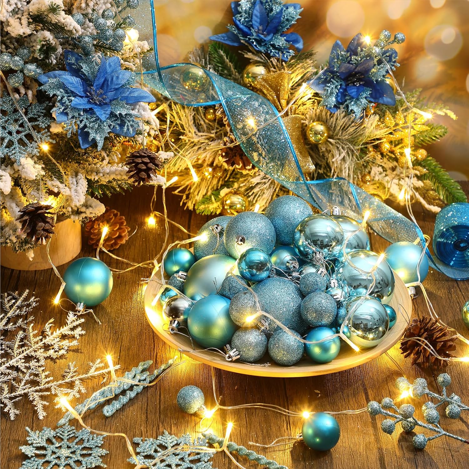 145Pcs Lake Blue Christmas Tree Decoration Set with Light String Assorted Shatterproof Christmas Ball Ornaments Glitter Poinsettia Snowflakes Berries Stems Decoration for Xmas Tree Holiday
