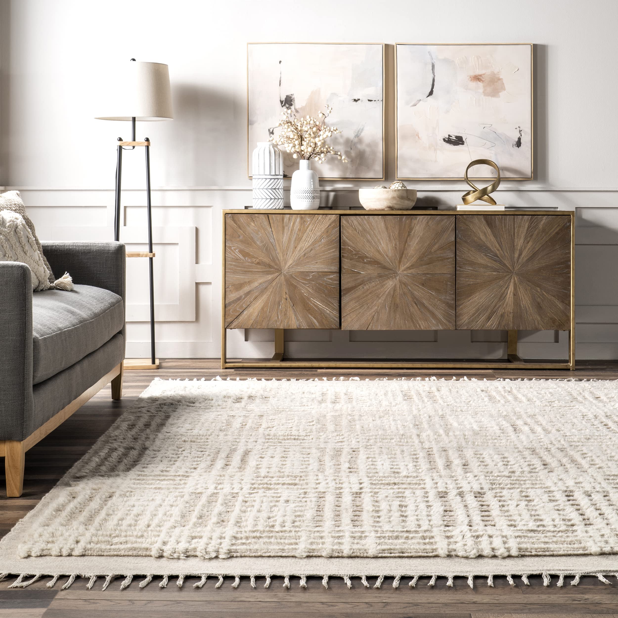 Rugs USA x Arvin Olano Crissy Crosshatch Shag Wool Area Rug, 2' x 8', Beige
