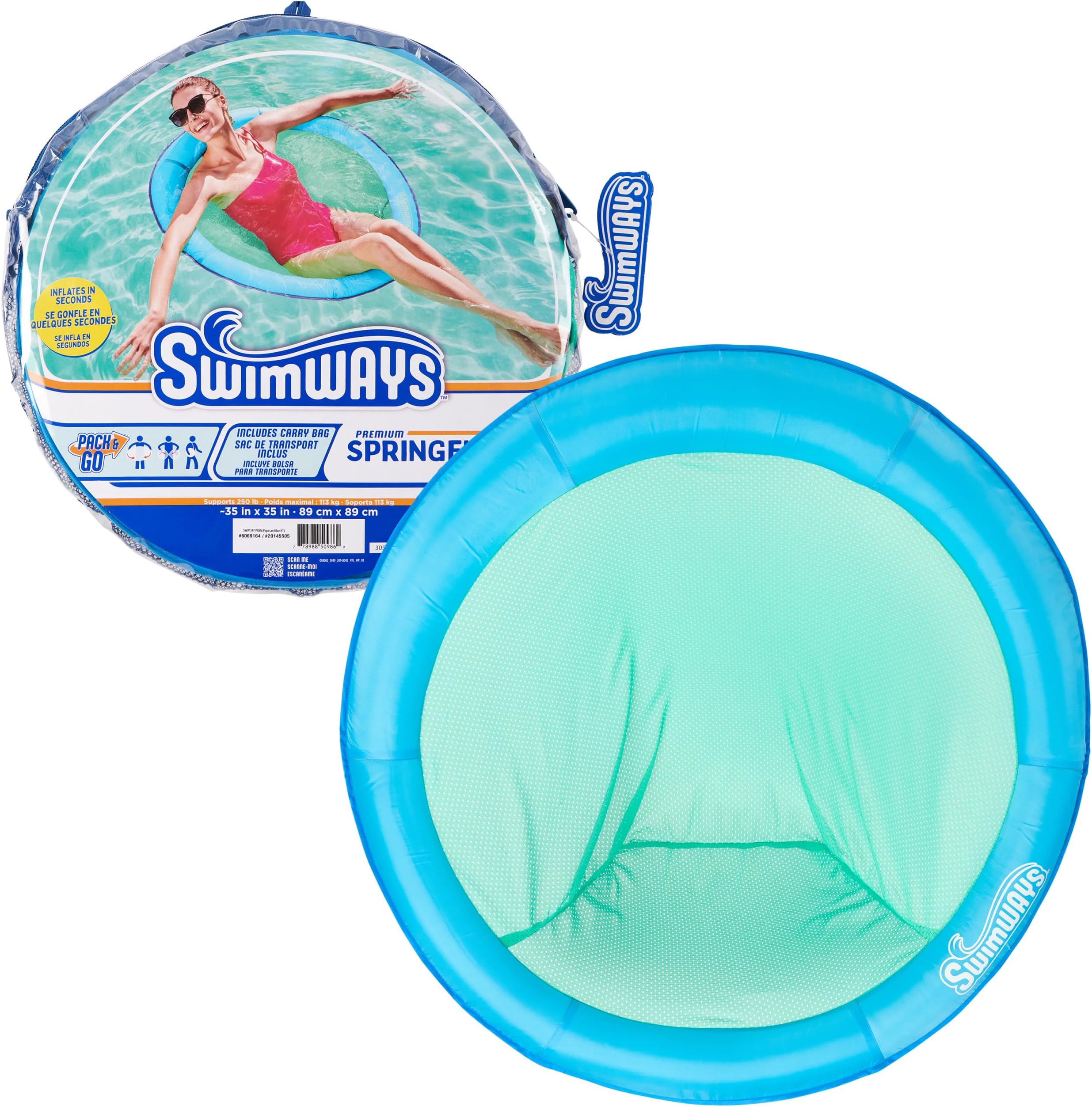 Spring Float Premium Papasan Pool Lounger for Swimming Pool, Inflatable Pool Floats Adult with Fast Inflation for Ages 15 & Up, Sky Blue