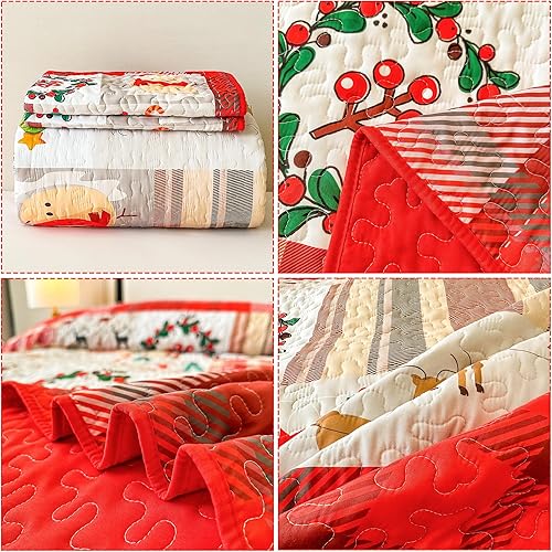 Miniatura 6 de Juego de edredón de Navidad, tamaño Queen, diseño de árbol de Navidad, copos de nieve, reno, retazos, juego de colcha de 3 piezas, reversible,