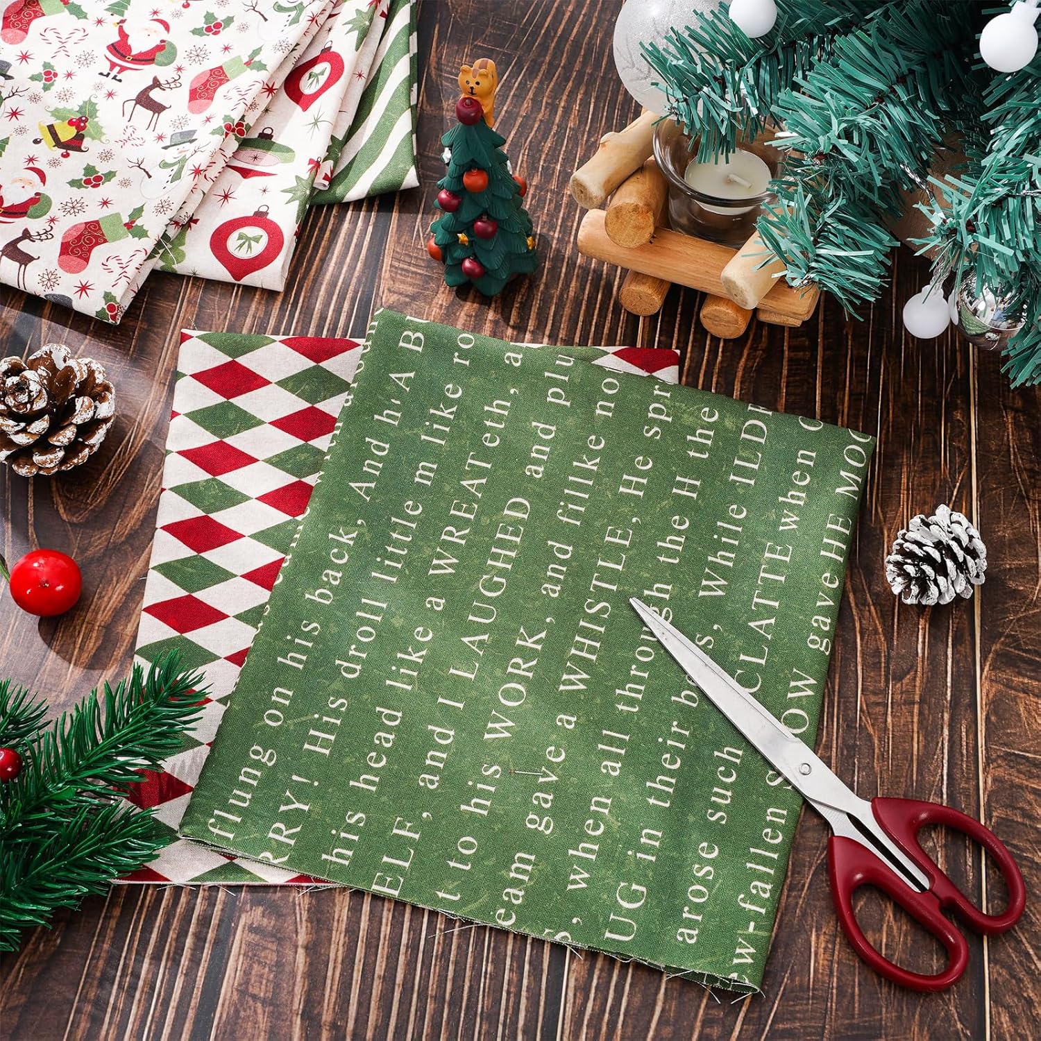 12Pcs Christmas Cotton Fabric Bundles Xmas Plaid Stripe Snowflake Gift Printed Fat Quarters Holiday Sewing Fabrics for DIY Handmade Crafting, 18 x 22 Inch