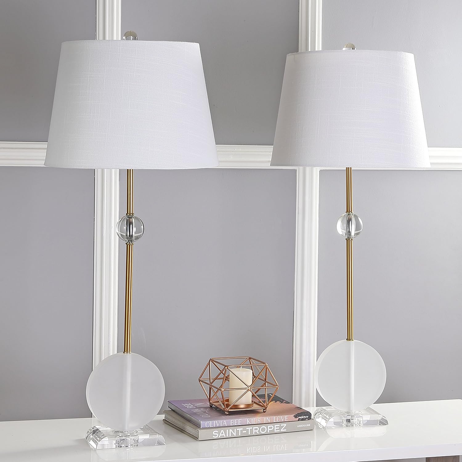 JONATHAN Y 34" Brass Gold Crystal LED Table Lamp Set of 2 for Living Room, Modern Glam Geometric Nightstand Lamps for Bedroom, White Linen Drum Shade, LED Bulbs Included JYL5029A-SET2
