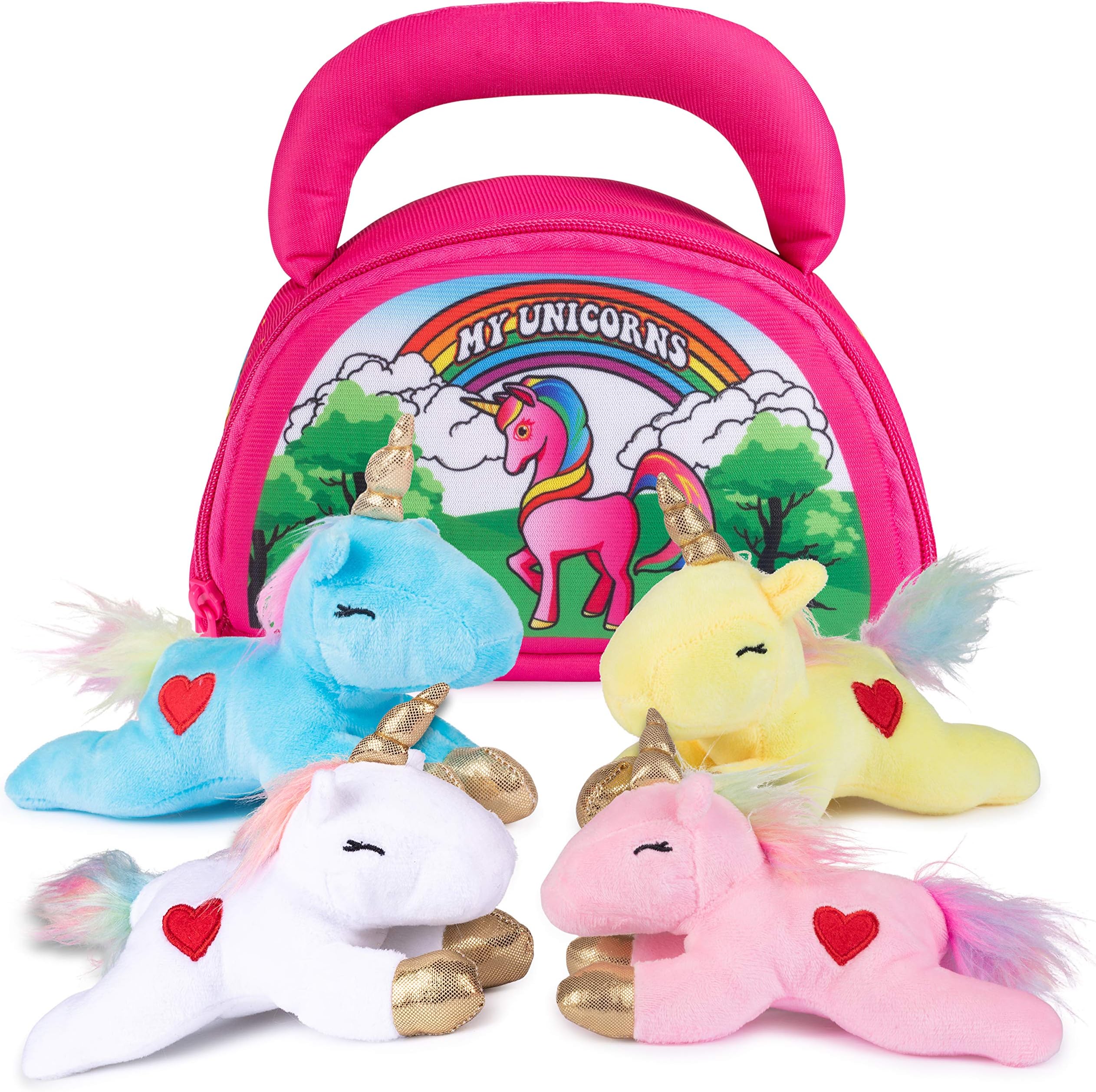Plush Creations Unicorn Plush Toy Set Includes 4 Talking Soft Stuffed Unicorns for Girls, A Pink, Blue, White, and Yellow Plush Unicorn Doll with A Pink Carrier, Great Gift for Baby and Toddler