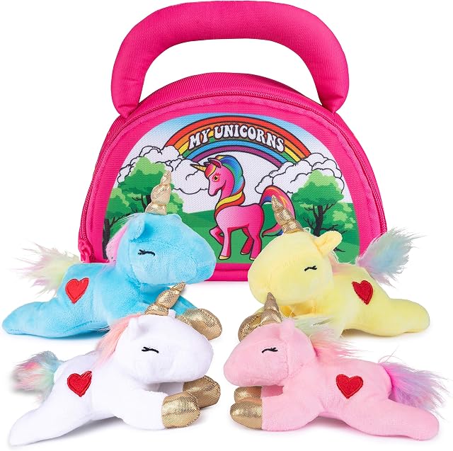 Plush Creations Unicorn Plush Toy Set Includes 4 Talking Soft Stuffed Unicorns For Girls, Pink, Blue, White, And Yellow Unicorn With A Plush Pink Carrier, Great Gift For Baby And Toddler