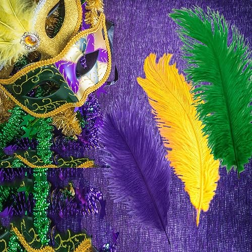 Miniatura 3 de 12 plumas de Mardi Gras de 10 a 12 pulgadas para manualidades, plumas de avestruz coloridas moradas, verdes, doradas para Mardi Gras, manualidades,