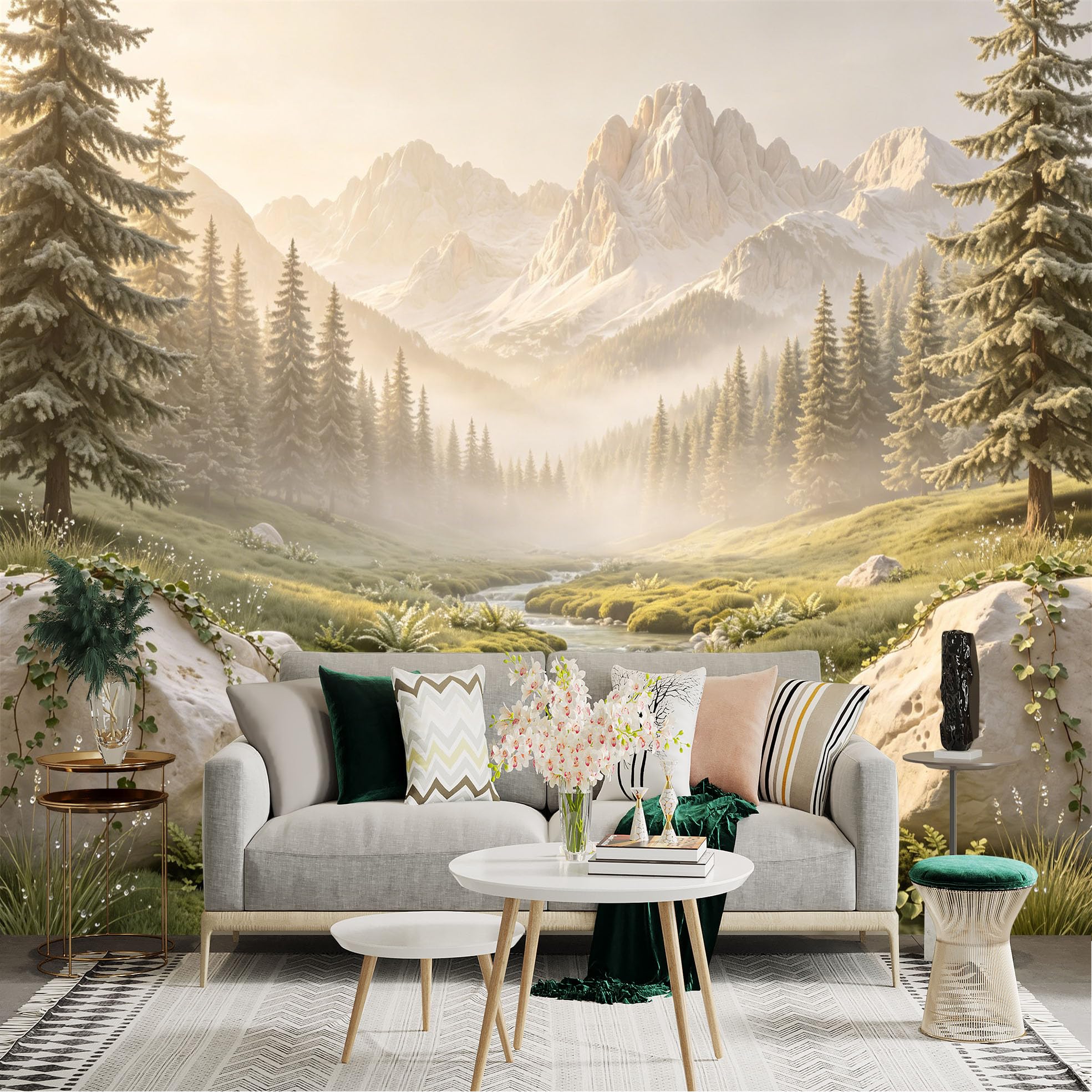 Custom Size Wall Sticker Mural， Mountain Landscape with Pine Forest Stream and Morning Mist， for wall Decoration， peelandstick wall Decals.