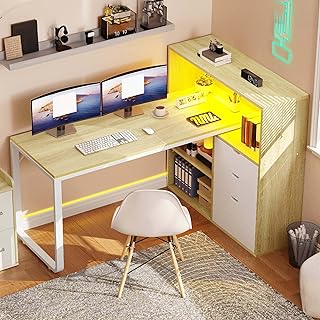 YITAHOME L Shaped Desk with Power Outlets, 55" Computer Desk with Drawers & Bookshelf, Home Office Desk with LED Lights, Corner Desk with File Cabinet, White & Oak