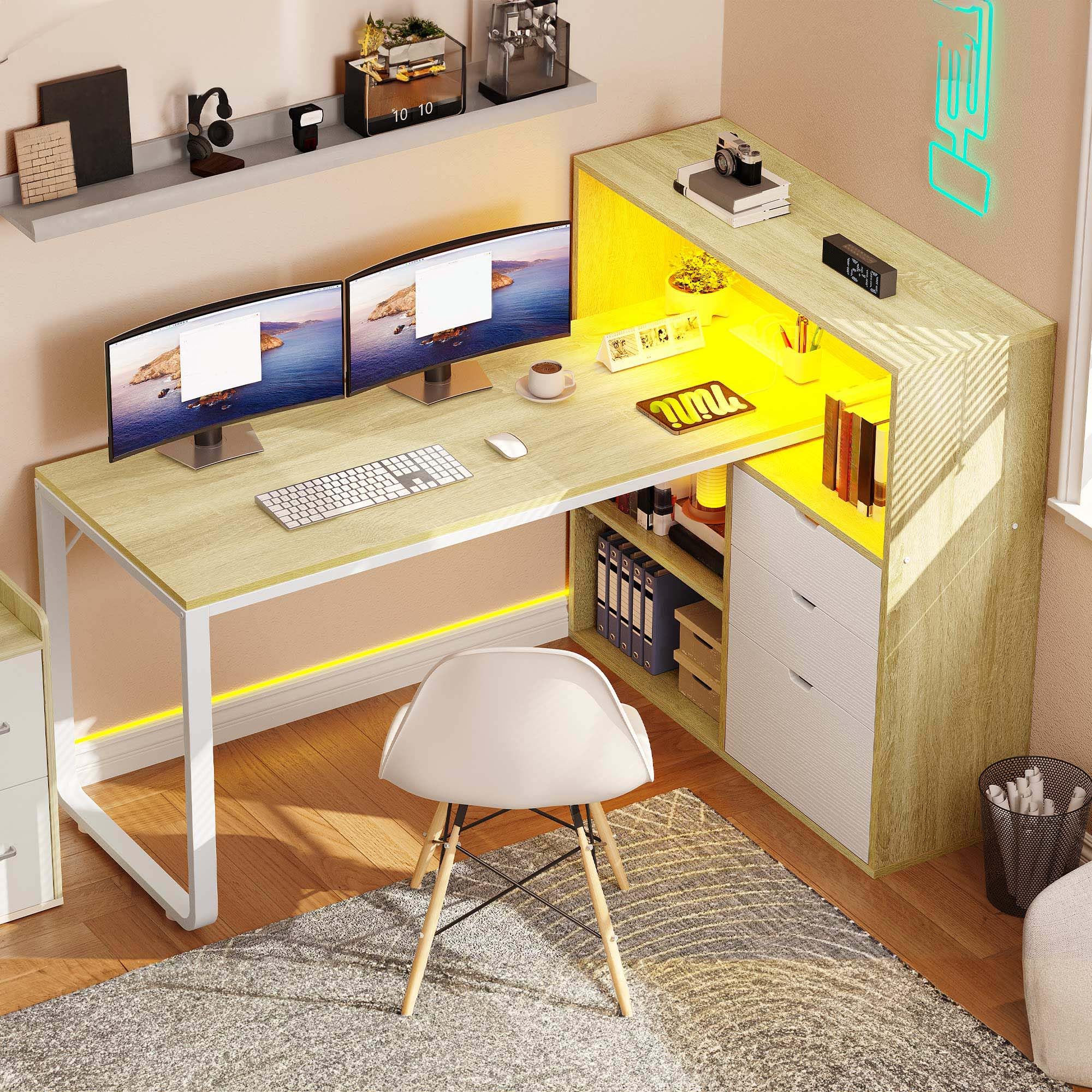 YITAHOME 55” L Shaped Desk with Power Outlets, Drawers & Bookshelf, LED Lights, File Cabinet, White & Oak