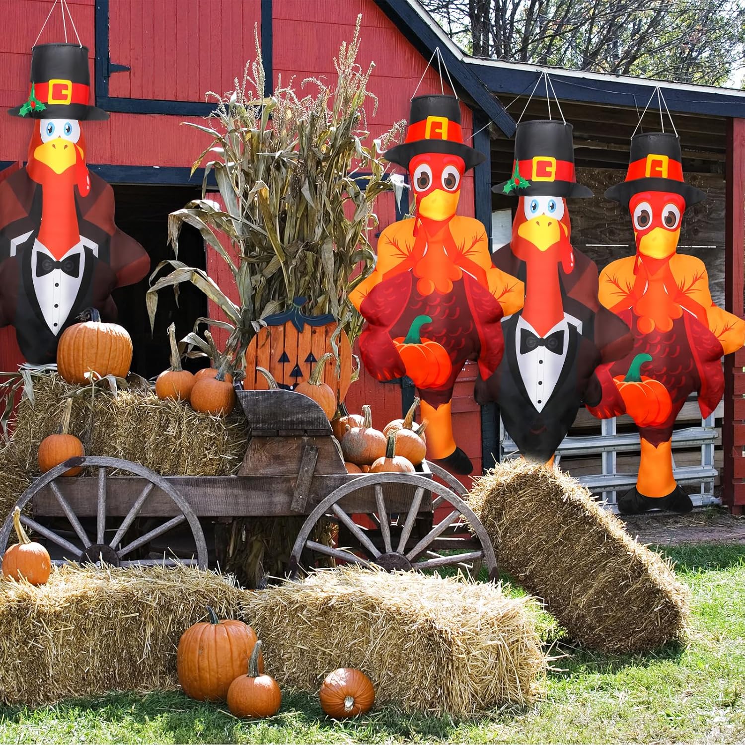 Copkim 4 Pcs Fall Thanksgiving Turkey Windsocks 3D Outdoor 39 Inches Cute Hanging Wind Socks Decorations for Outside Yard Garden Tree Patio Lawn Decor