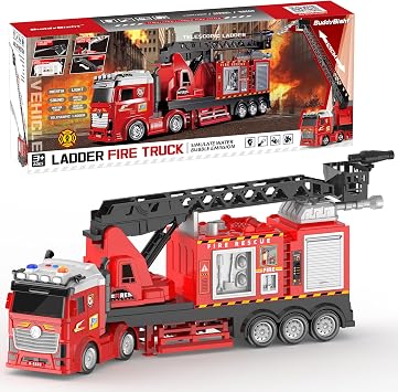 Extra Large Fire Truck Toys for Kids, 27 Extendable Ladder 180 Rotating, Light & Sound Fire Trucks for Toddlers 3-5, Inertia Drive Firetruck Toys, Dual Water Spray Nozzles, for 3+ Boys