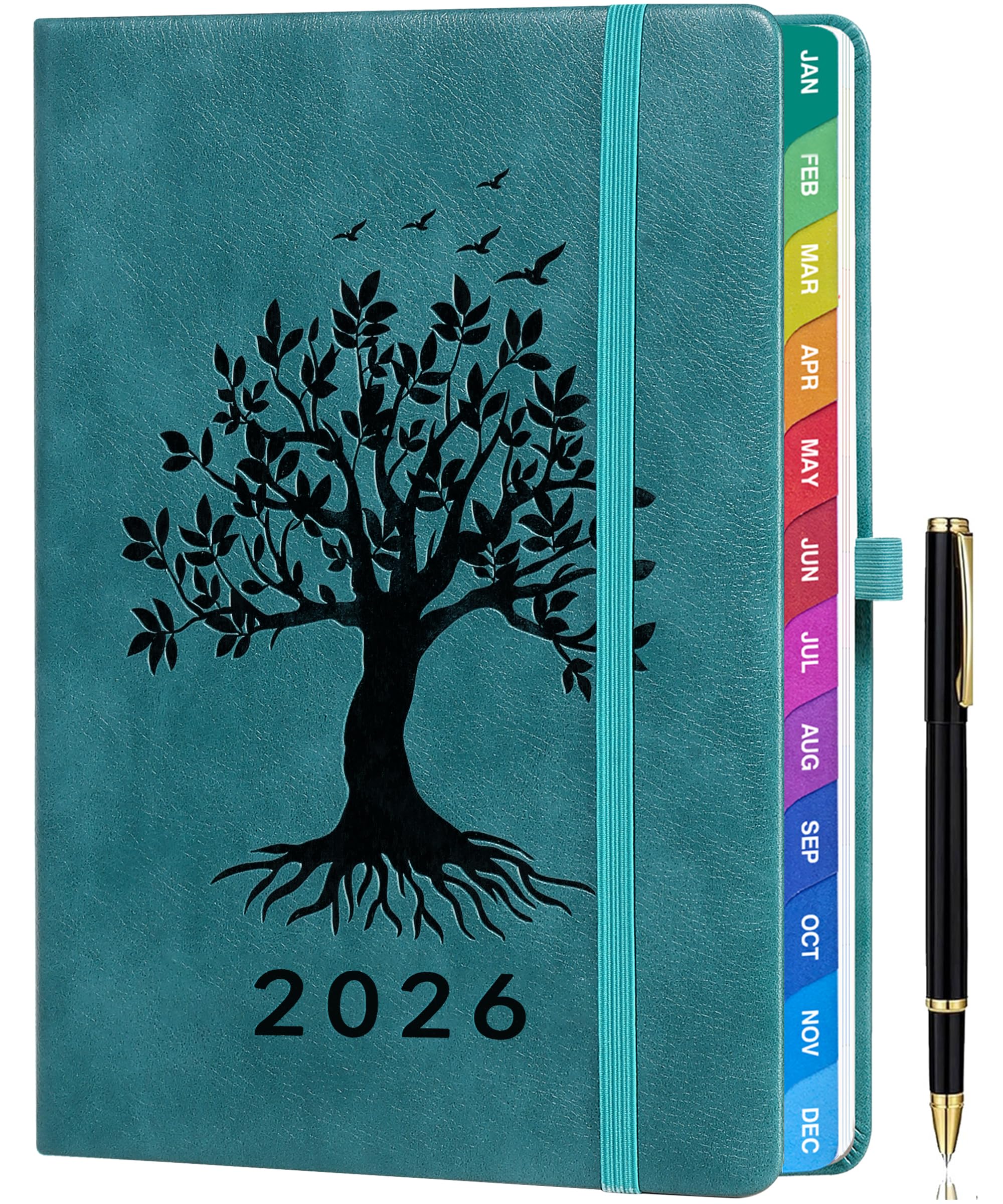 ZXHQ Diary 2026 Week to View A5, Jan to Dec, Weekly & Monthly Full Year Planner, with UK Holidays, Colourful Monthly Tabs, Fine Inner Pocket, Hardcover, and Pen Set, 5.9" × 8.5" - SeaGreen
