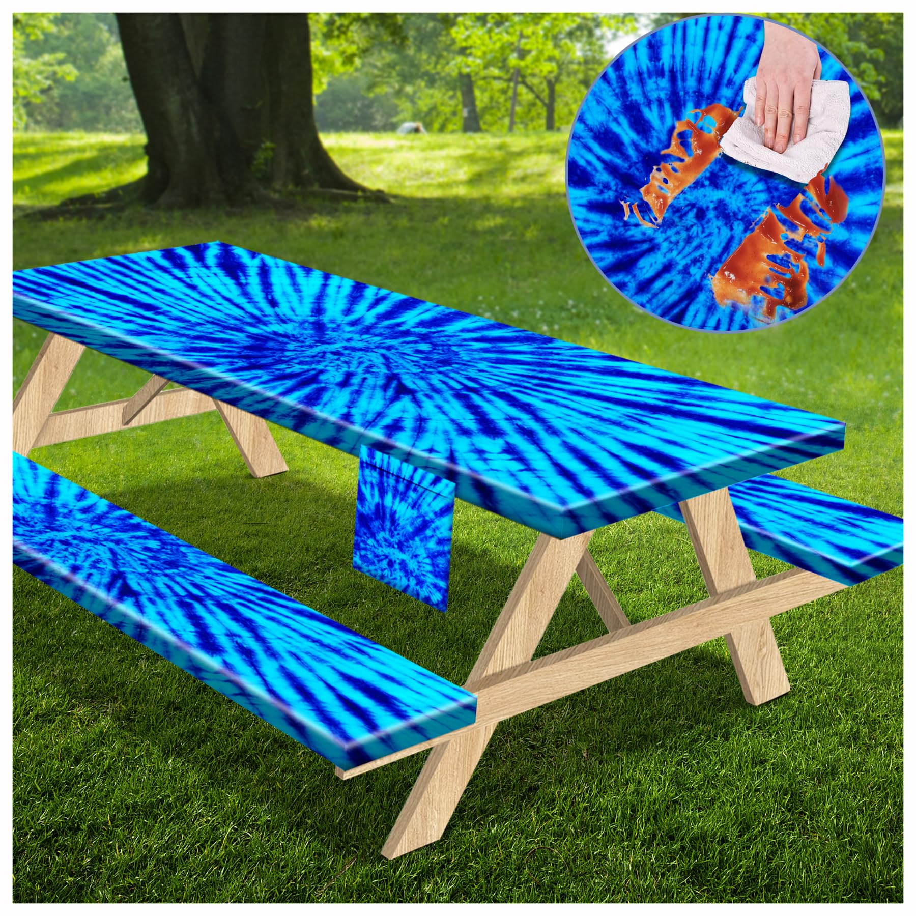 Picnic Table Cover with Bench Covers Vinyl Elastic Edges Fitted Rectangle Tables Seat Waterproof 3-Piece96X30in Set Outdoor Rectangular Folding Backing Tablecloth for Camping Over Size Blue Tie-Dye