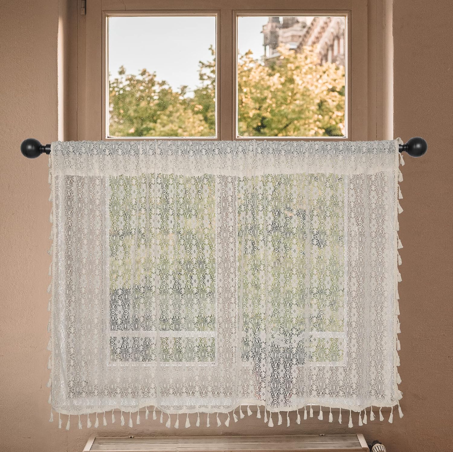 Boho Crochet Window Tiers Curtains for Kitchen Cafe Beige 24 Inch Long Small Curtain with Tassels Hallow Knitted Lace Vintage Chic Short Farmhouse Window Treatment, 1 Panel