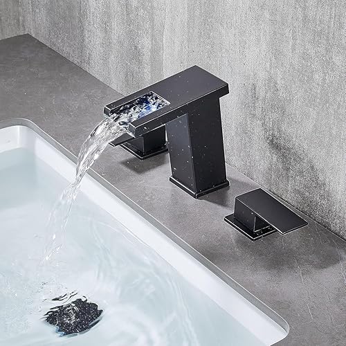 Miniatura 4 de LOOPAN Grifo de baño con luz LED, cascada, un solo mango, grifo negro para fregadero de baño, grifo de tocador sin plomo con mangueras para