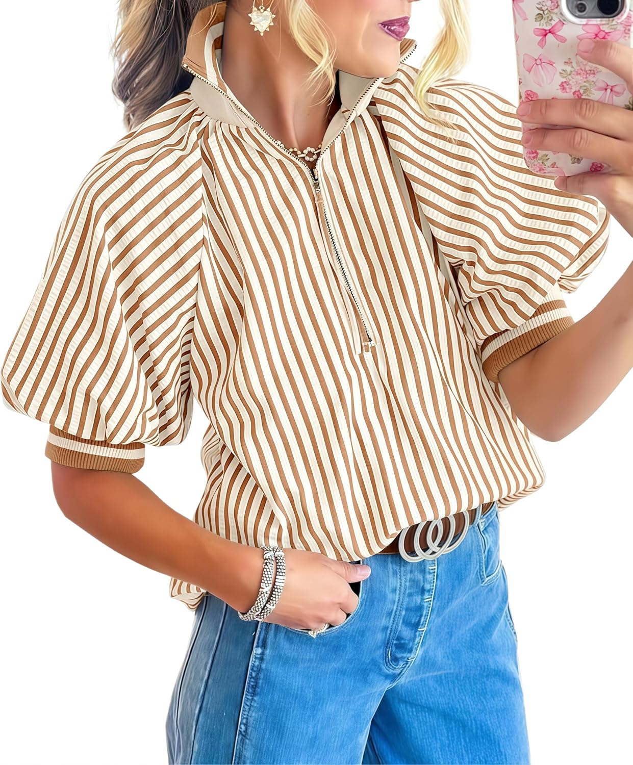 Womens Striped Puff Sleeve Blouse Half Zip Loose Color Block Ribbed Knit Collared Top