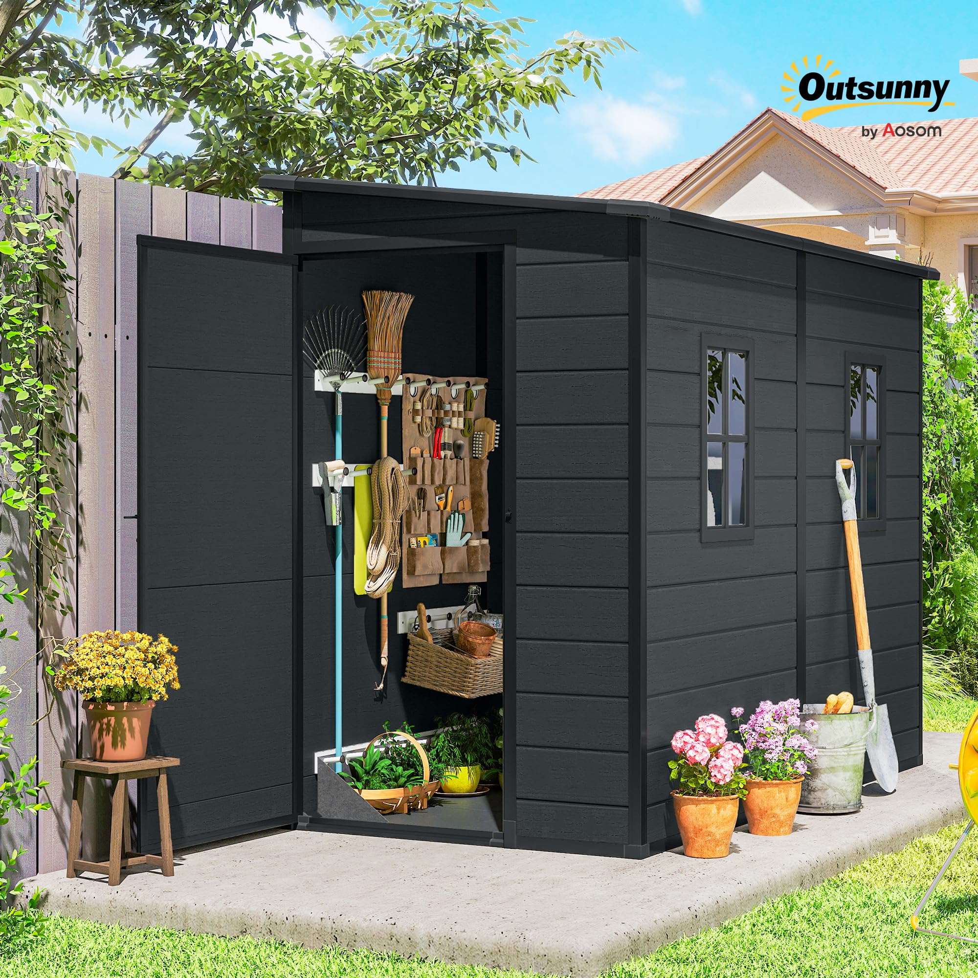 Outsunny 4.3' x 8' Outdoor Storage Shed with Floor, Garden Shed with Lockable Doors and Windows for Backyard, Patio, Garage, Lawn, Dark Grey — view 2