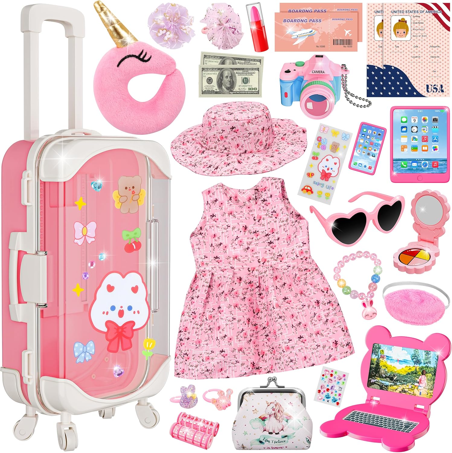 Doll Suitcase Travel Set, 18 inch Doll Clothes and Accessories - 28 Pcs Travel Pillow, Unicorn Bag, Sunglasses, Camera, Computer, Phone, Passport, Birthday Gift for Age 3 4 5 6 Year Old Girls