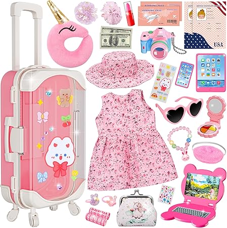 Doll Suitcase Travel Set, 18 inch Doll Clothes and Accessories - 28 Pcs Travel Pillow, Unicorn Bag, Sunglasses, Camera, Computer, Phone, Passport, Birthday Gift for Age 3 4 5 6 Year Old Girls