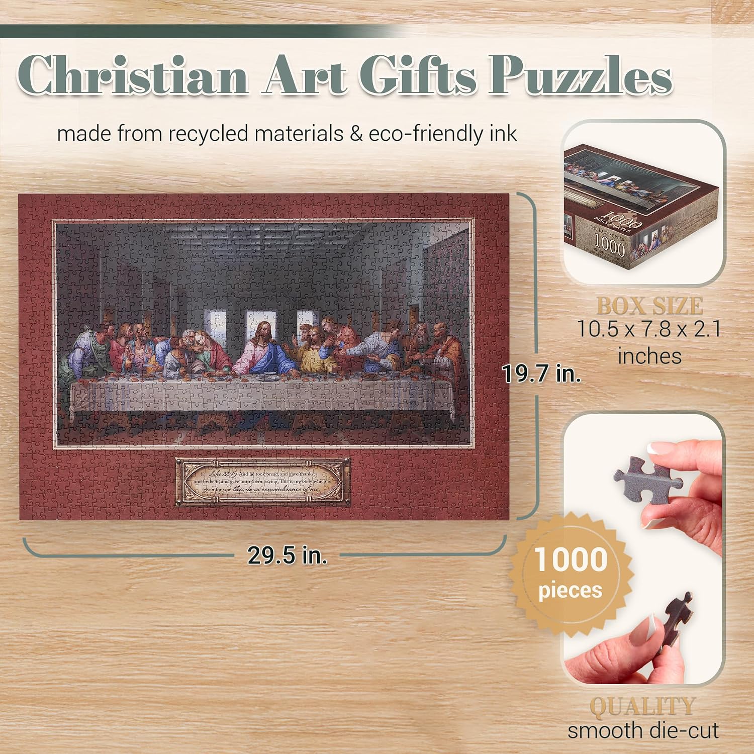 Christian Art Gifts 1000 Piece Inspirational Scripture Jigsaw Puzzle for Adults: The Last Supper - Encouraging Bible Verse, Family Activity Game, Sturdy Easy Fit Die-Cut, Multicolor, 29.5" x 19.6"