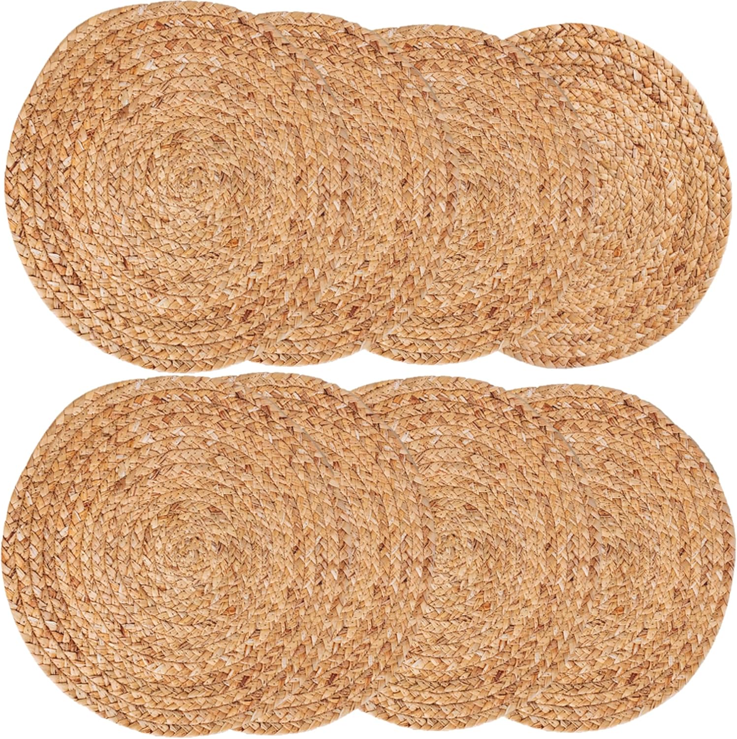 Round Woven Placemats Set – Natural Water Hyacinth Placemats for Dining Table, Heat-Resistant Boho Wicker Chargers, Rustic Farmhouse Table Decor (Natural, 38cm Set of 8)