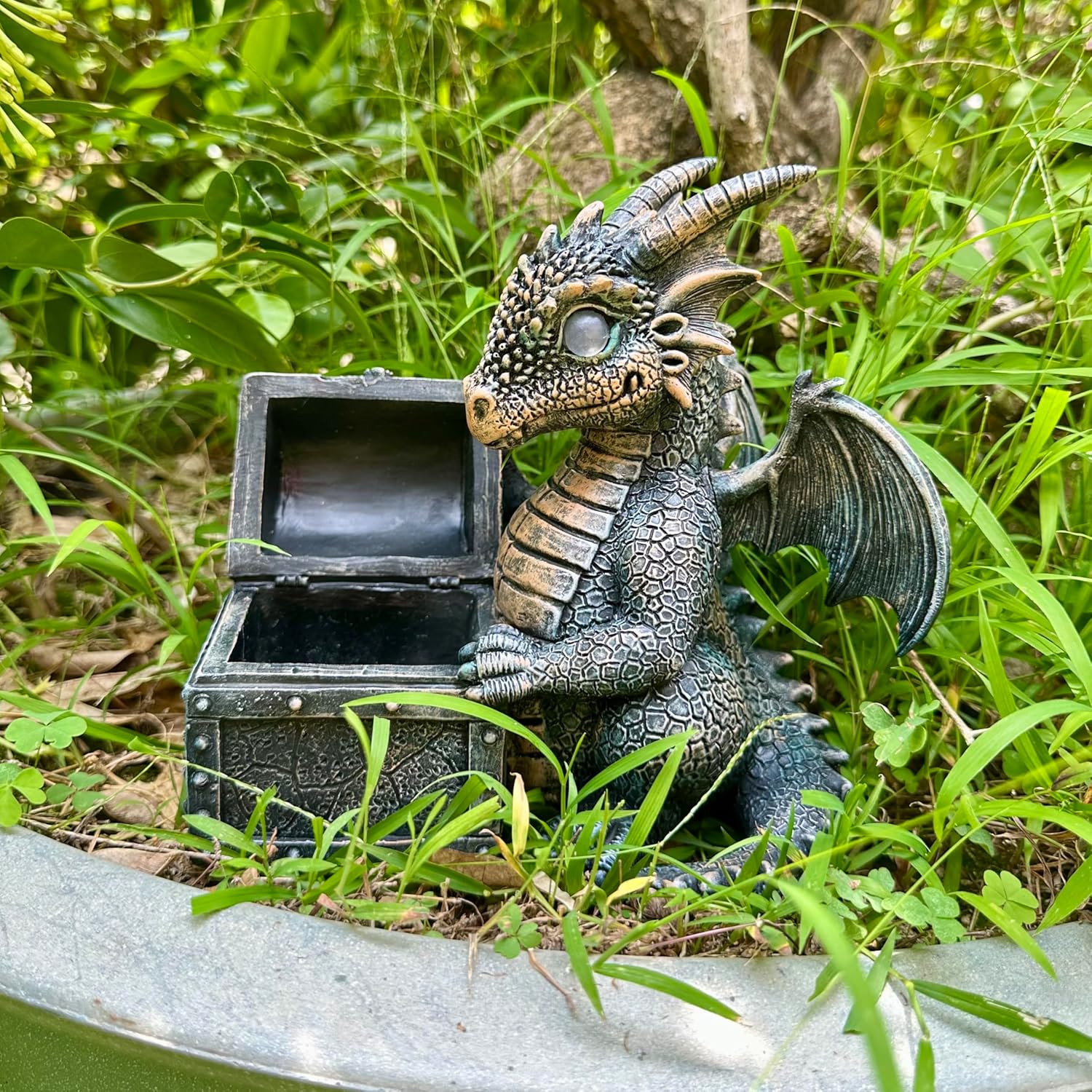 Garden Dragon Statue Solar Powered Outdoor Figurine Light Decor Cute and Hold Glowing Treasure Chest Resin Sculpture Home Decoration for Porch Patio Lawn Farm Yard Housewarming Ornament Gift - Image 8