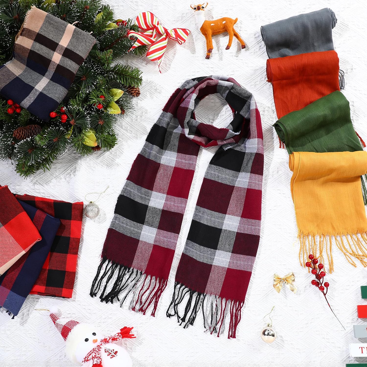 Suhine 12 Pcs Women Men's Scarf Bulk Winter Warm Shawls and Wraps Soft Large Solid Color Plaid Scarf and Wraps Tassel Edge 13.7 x 78.7 Inch - Image 6