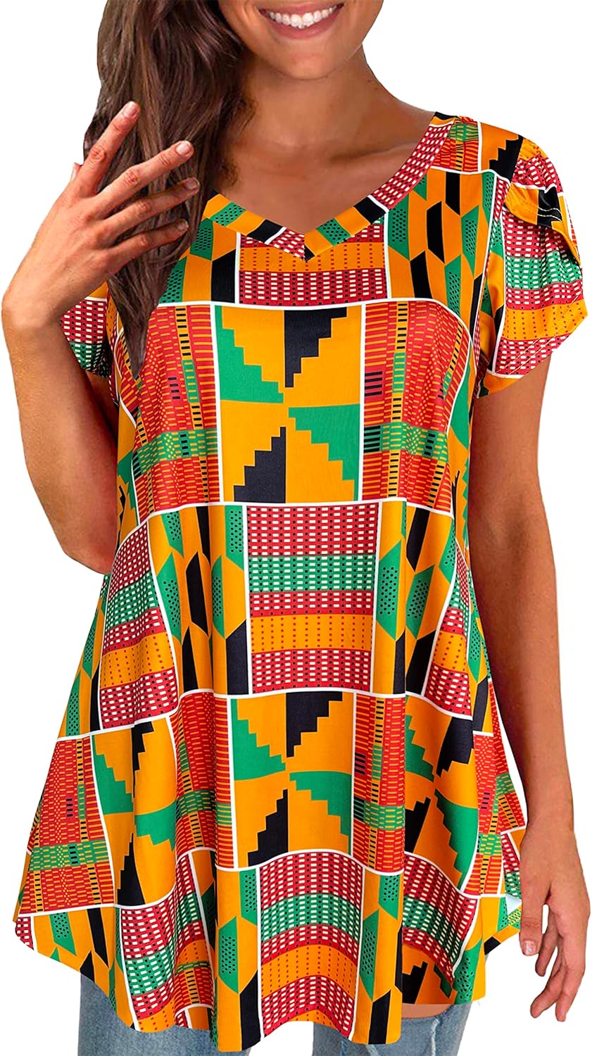 Afibi Womens Print Shirt African Dashiki Short Sleeve V Neck Loose Tunic Tops