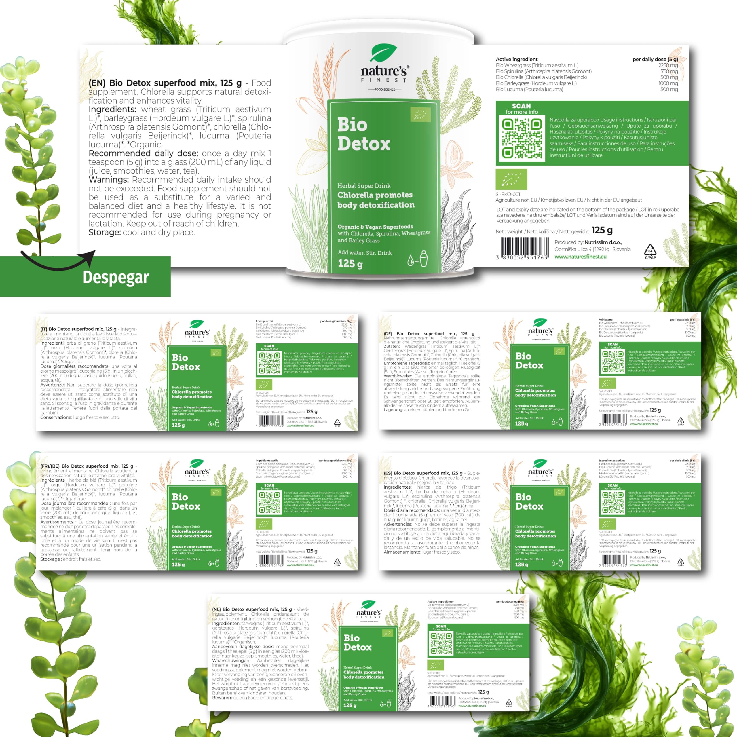 Nature's Finest Bio Detox, Mezcla de Superalimentos 375 g (Paquete de 3) | mezcla verde ecológica - hierba de trigo y cebada, espirulina, chlorella y lúcuma - vegana, rica en fibra y proteínas