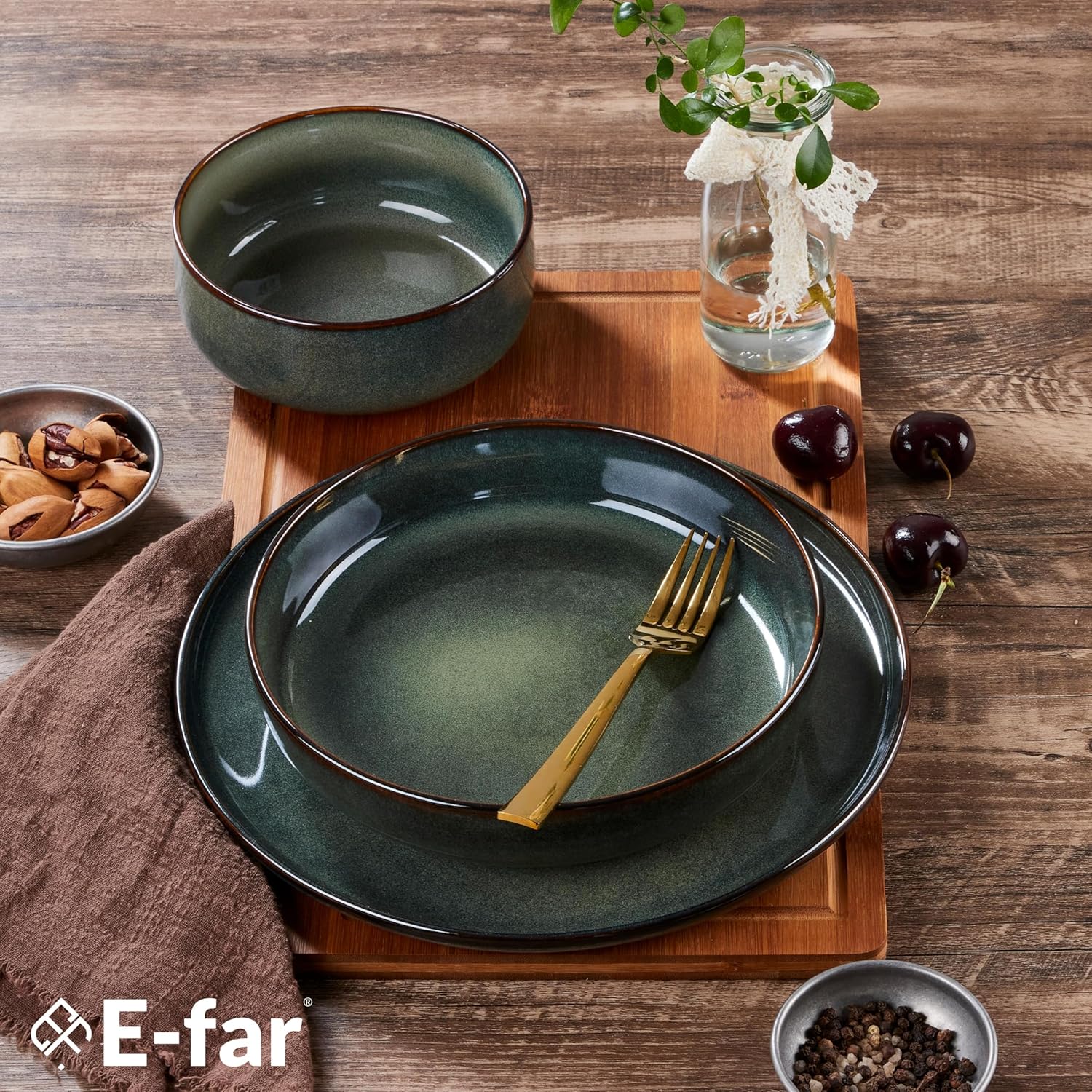 E-far Stoneware Pasta Bowls, 35oz Double Reactive Glaze Large Bowls Plates Set of 4, Wide & Shallow Ceramic Pasta Plates for Serving Salad, Soup, Dinner| Dishwasher & Microwave Safe | Obsidian Green