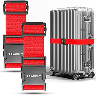 Travely® Correa para Maleta, Especialmente llamativa y Segura, Incluye 2 Etiquetas para el Nombre, Cinta Ideal sobre la Cruz, Juego de 2 Unidades, Color Rojo