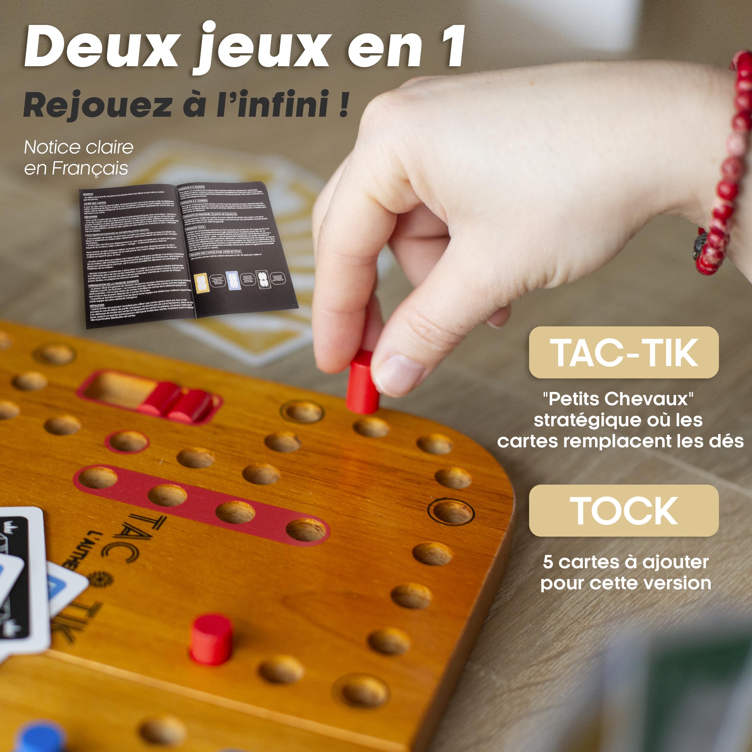 TAC-TIK L'Authentique jeu de société en bois massif d’Hévéa de 2 à 4 joueurs, Plateaux modulables magnétiques, Cartes et instructions en Français pour jouer au jeu de Tock ou TOC, éco-responsable