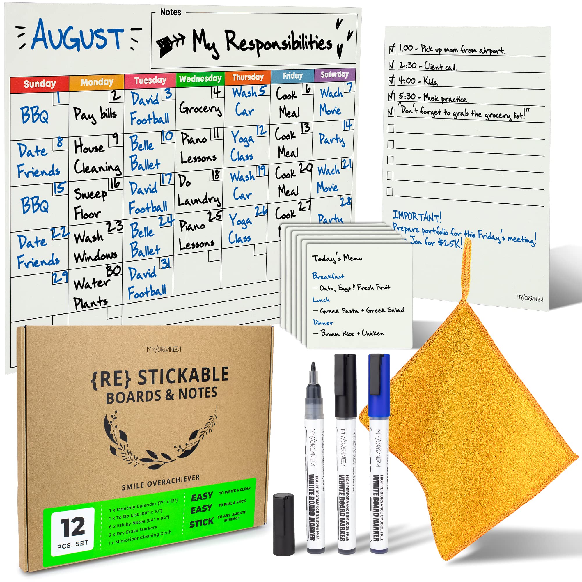 Nano Sticky Whiteboard Calendar Dry Erase Monthly Planner Set, Re-Stickable, Non Magnetic Clings To Any Smooth Surface – Includes Reusable Post It Notes, To Do List, Eraser Cloth & Smudge Free Markers