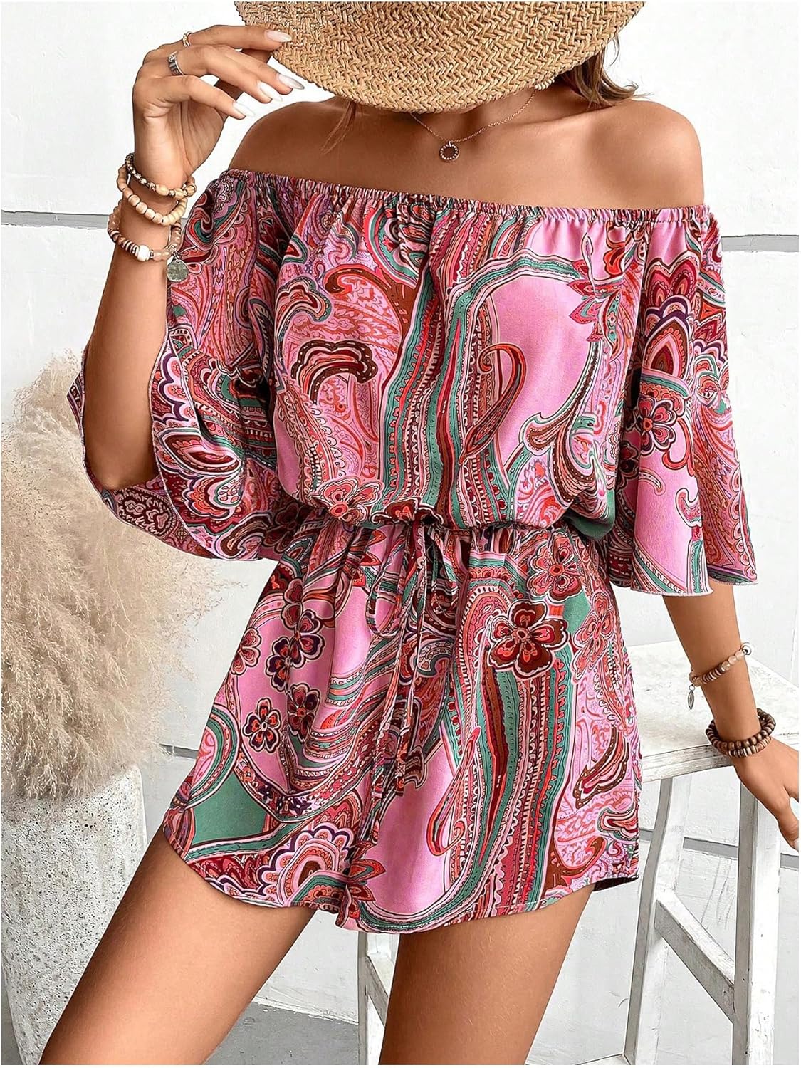 Milumia Women's Off The Shoulder Romper Boho Elastic Waist Shorts Jumpsuit Dressy Casual Vacation Outfits - Image 3