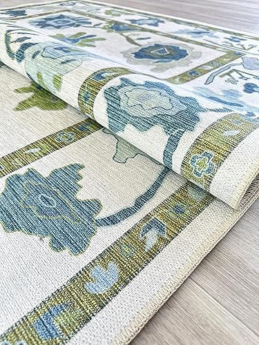 Miniatura 8 de Alfombra verde Oushak, alfombra pequeña moderna, vintage, turca, ecléctica, floral, pastel, lavable, tapete para puerta de entrada interior,