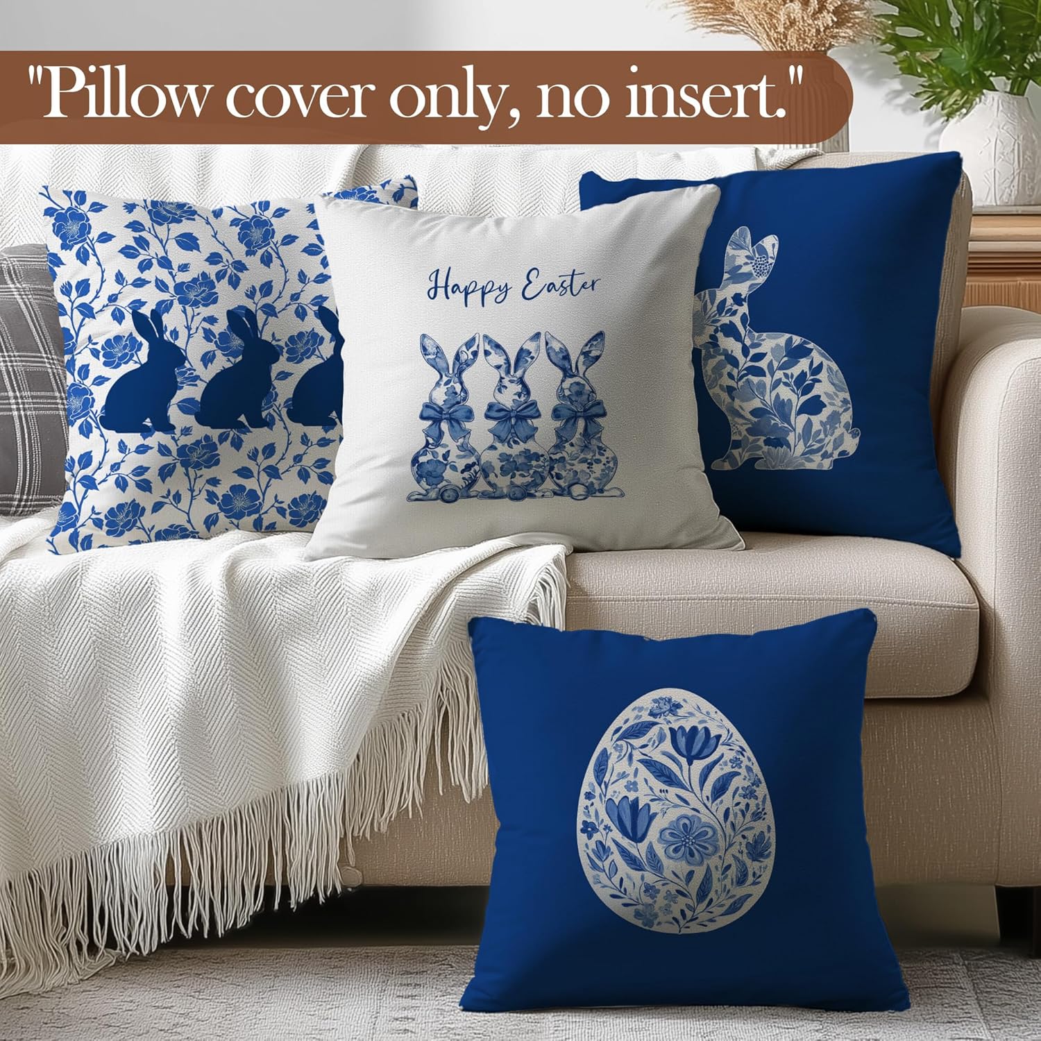 Easter Bunny Chinoiserie Floral Throw Pillow Covers 18x18 Set of 4, Blue and White Porcelain Rabbit Decorative Pillow Covers, Spring Farmhouse Pillowcases Cushion Case for yellow  Home Couch Decor Blue Easter